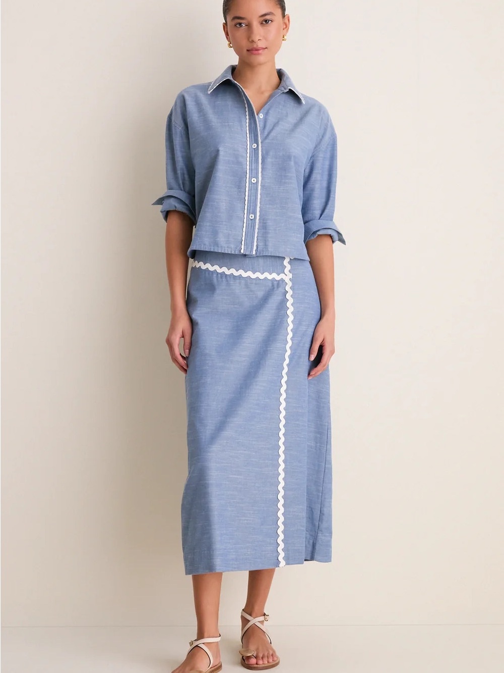 Tuckernuck Chambray Blue Midi Skirt with White Rickrack - Picture 6 of 8